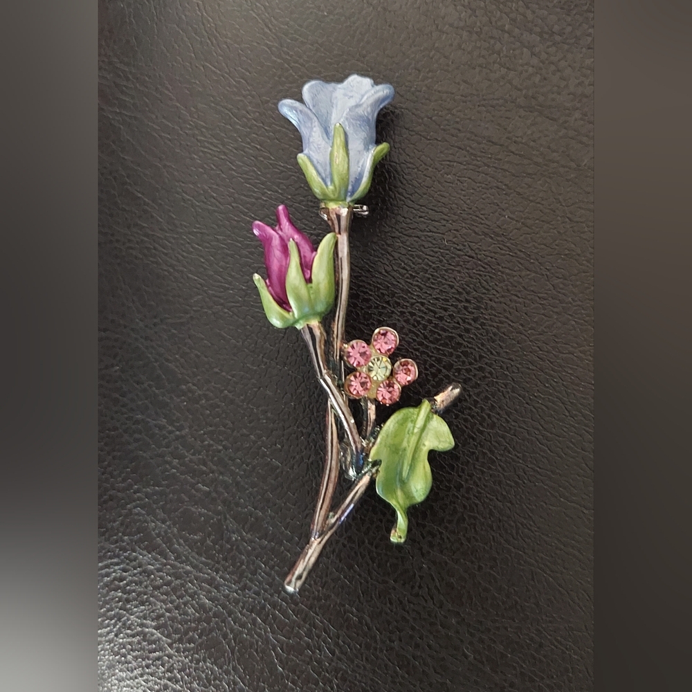 Floral Brooch Pin with Blue and Pink Accents
